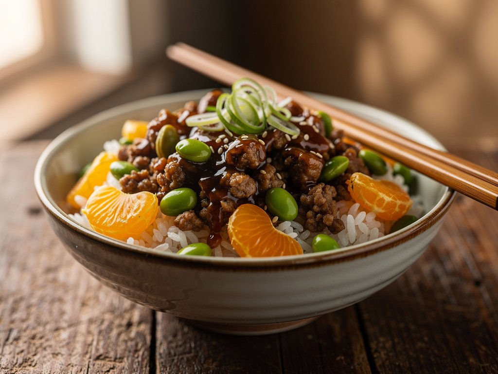 Spicy Szechuan Pork Rice Bowls with Mandarin Orange and Edamame
