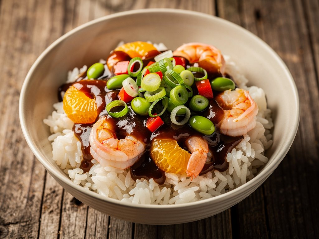 Spicy Szechuan Shrimp and Rice Bowls with Mandarin Orange and Edamame