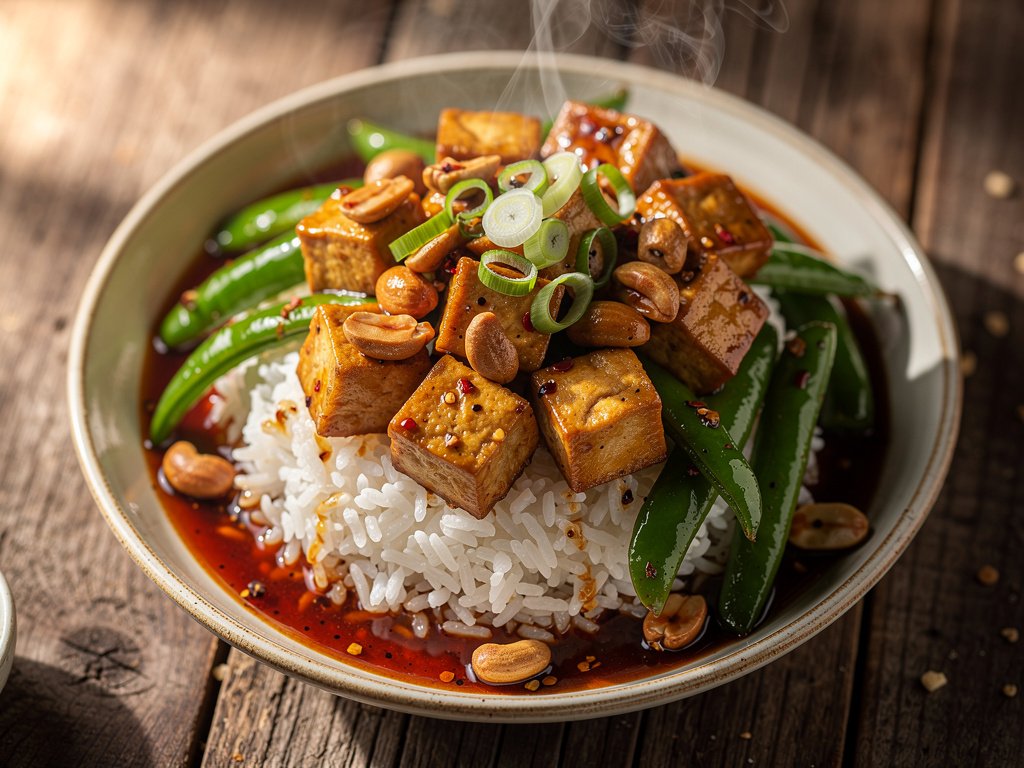 Spicy Szechuan Tofu and Green Bean Stir-Fry with Candied Peanuts