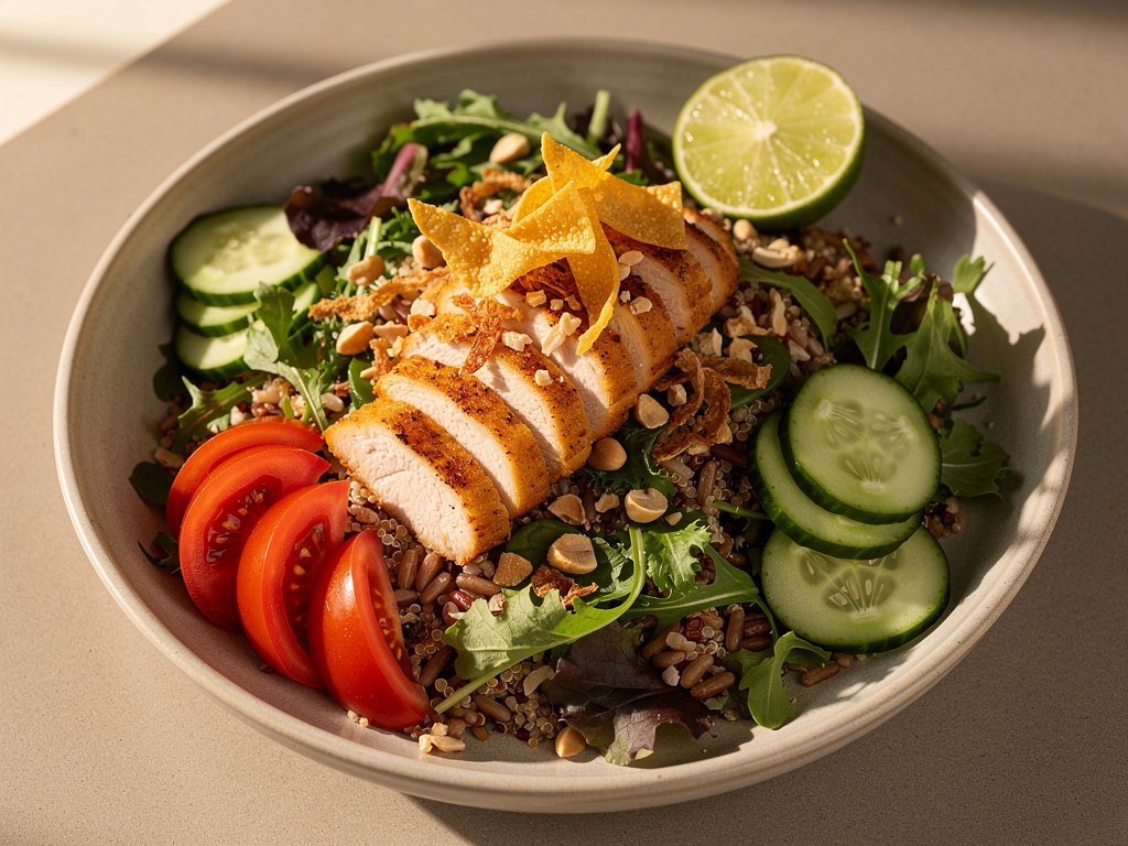 Spicy Thai Chicken Grain Salad with Crunchy Peanuts and Wonton Strips
