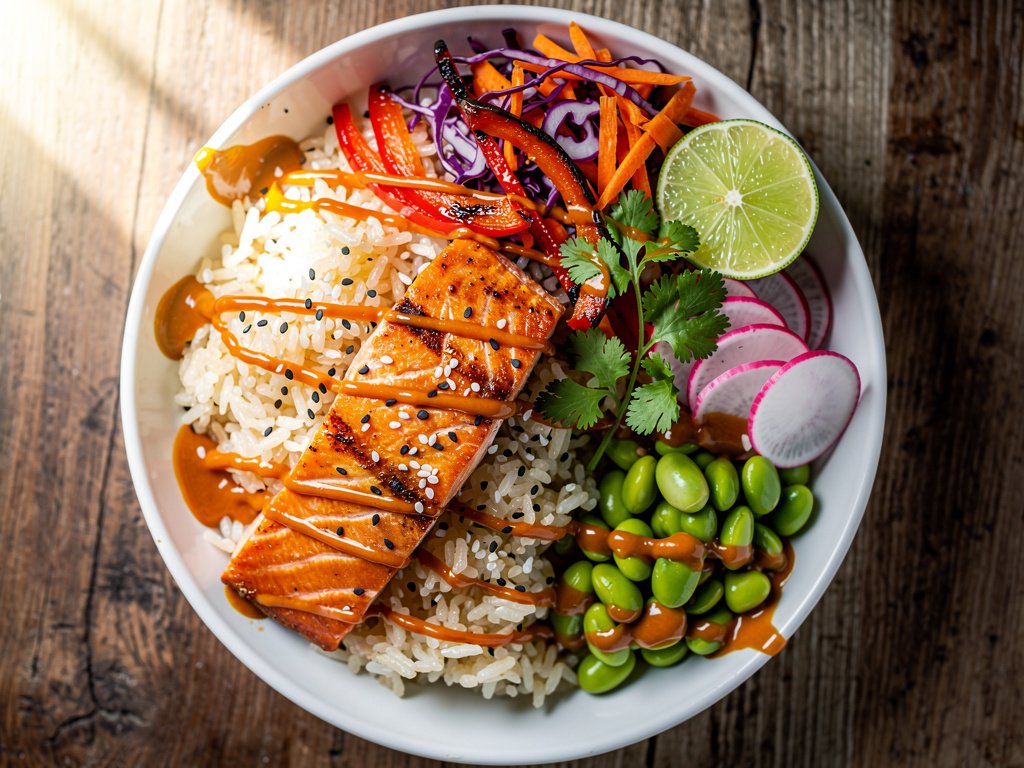 Spicy Thai Salmon and Veggie Rice Bowls with Chili-Ginger Sauce