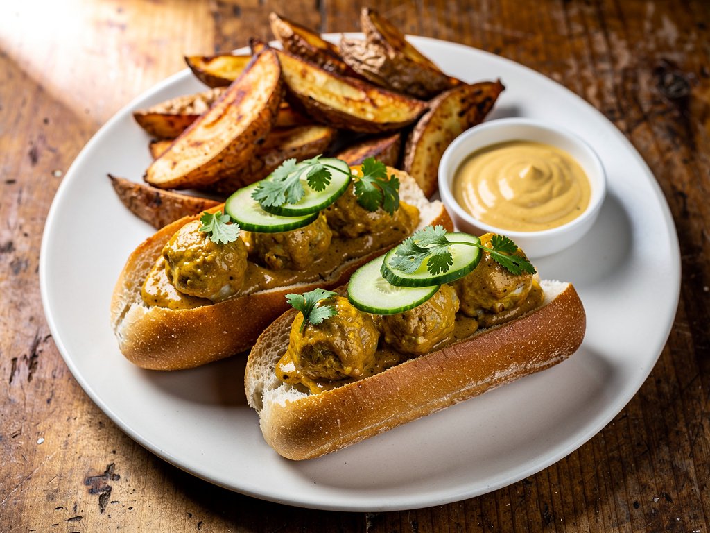 Spicy Thai Turkey Meatball Sandwiches with Coconut Curry Sauce and Roasted Potato Wedges