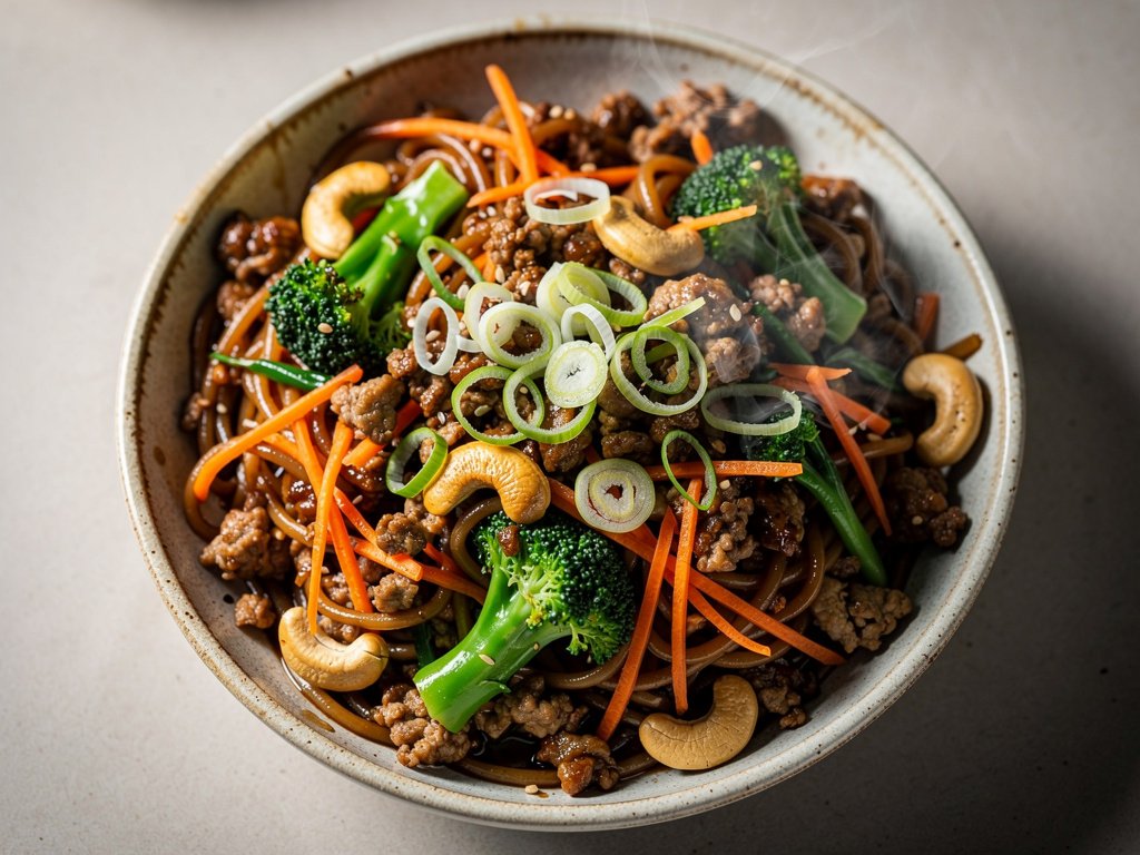 Spicy Turkey and Broccoli Noodle Stir-Fry with Cashews