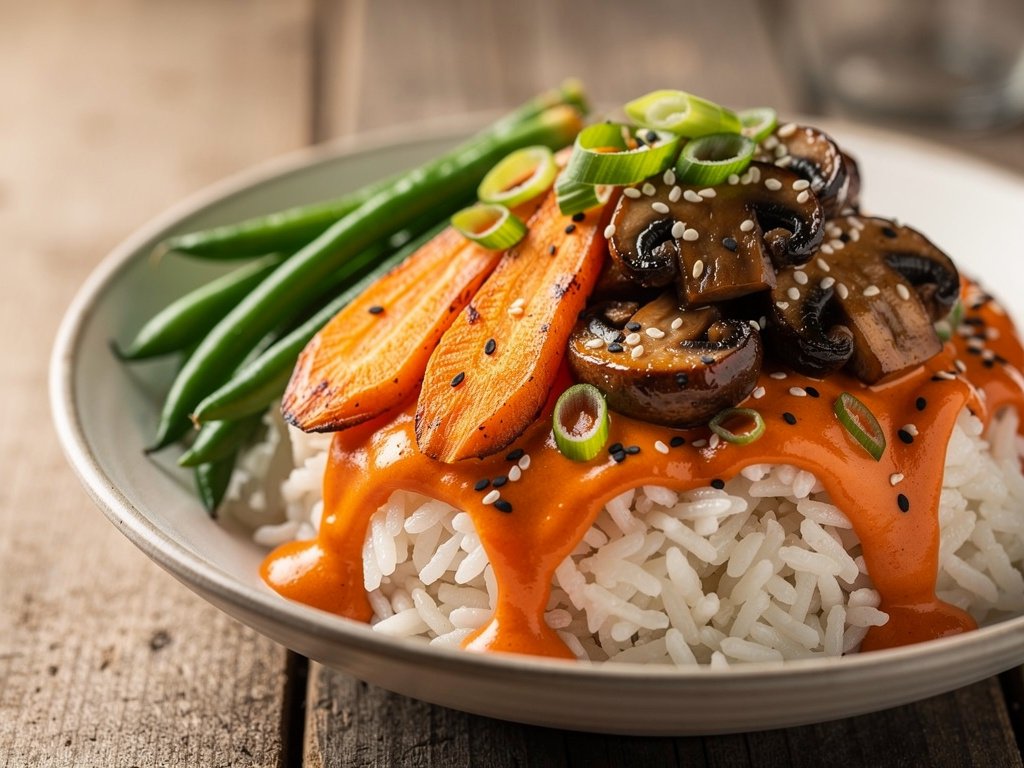 Spicy Vegan Firecracker Rice Bowls with Soy-Glazed Mushrooms and Roasted Veggies