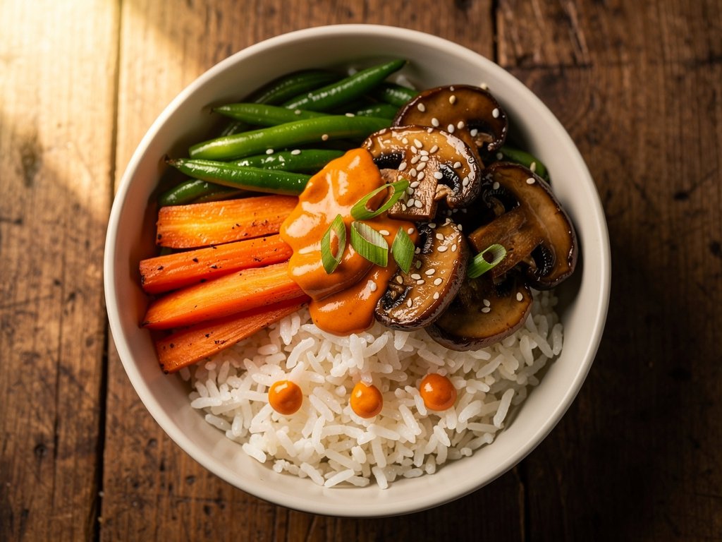 Spicy Vegan Mushroom Rice Bowls with Roasted Carrots and Green Beans