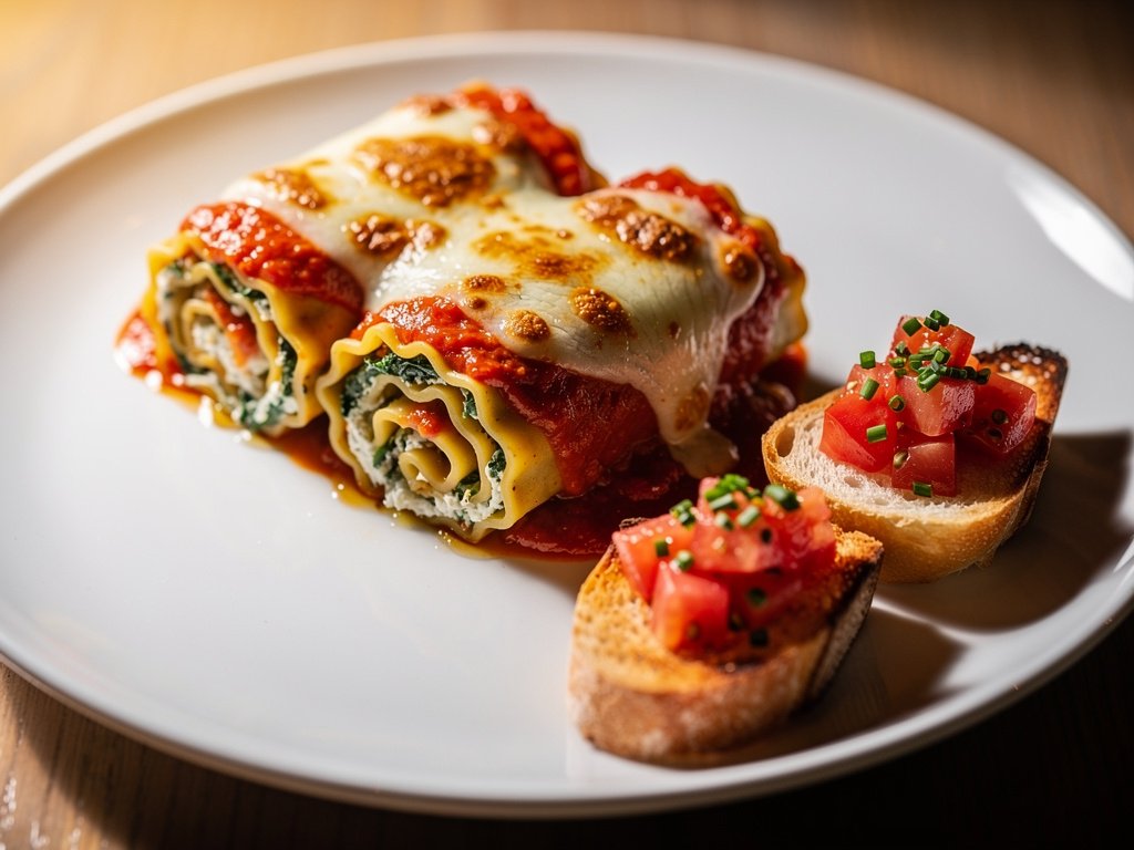 Spinach Ricotta Lasagna Roll-Ups with Tomato Crostini