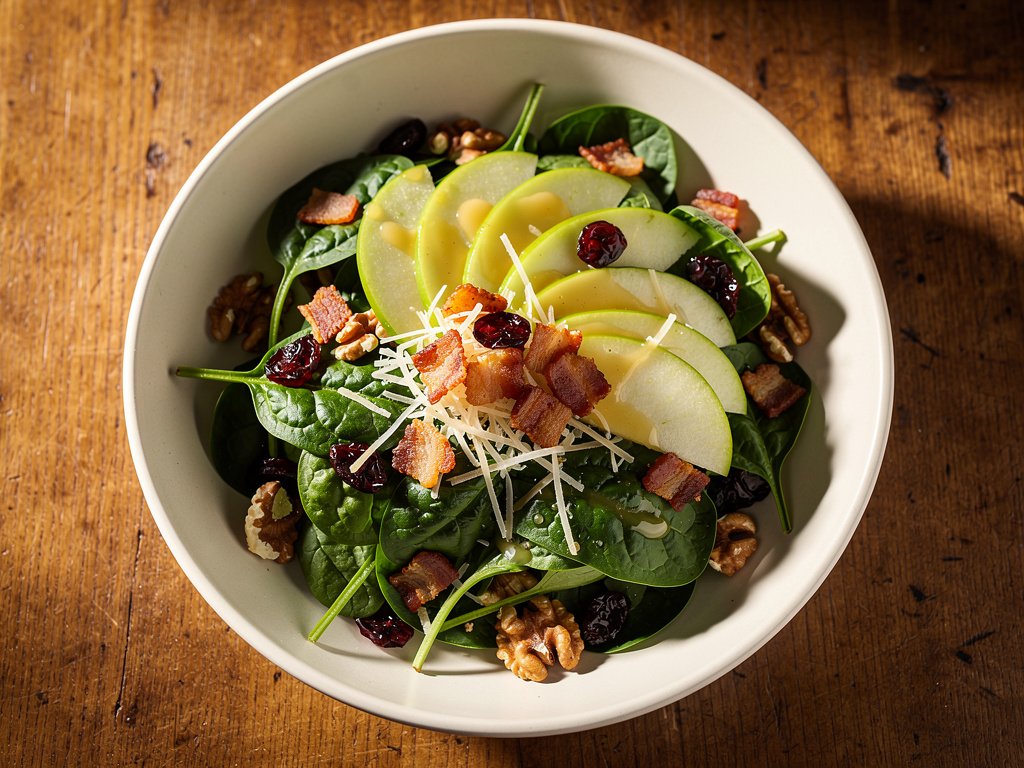 Spinach Salad with Bacon, Apple, Cheddar, Cranberries, and Honey Dijon Dressing