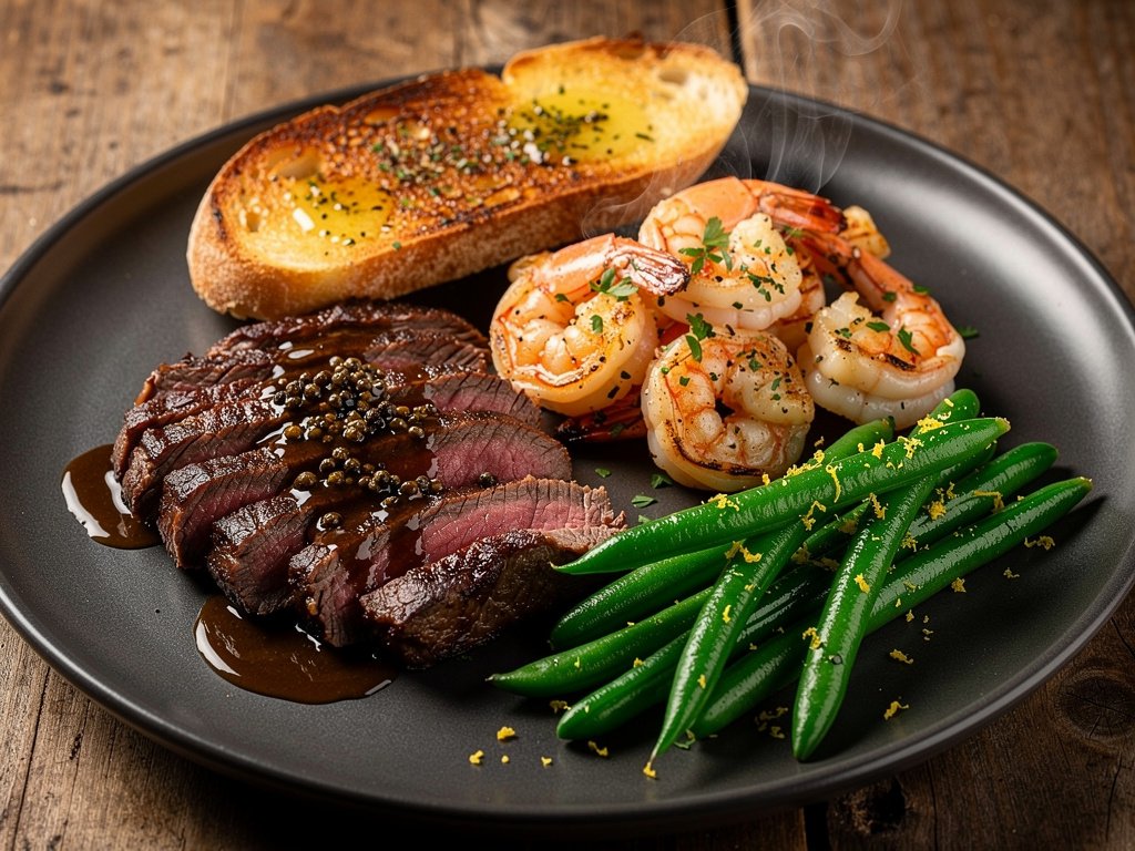 Steak au Poivre with Garlic Herb Shrimp and Lemon Green Beans
