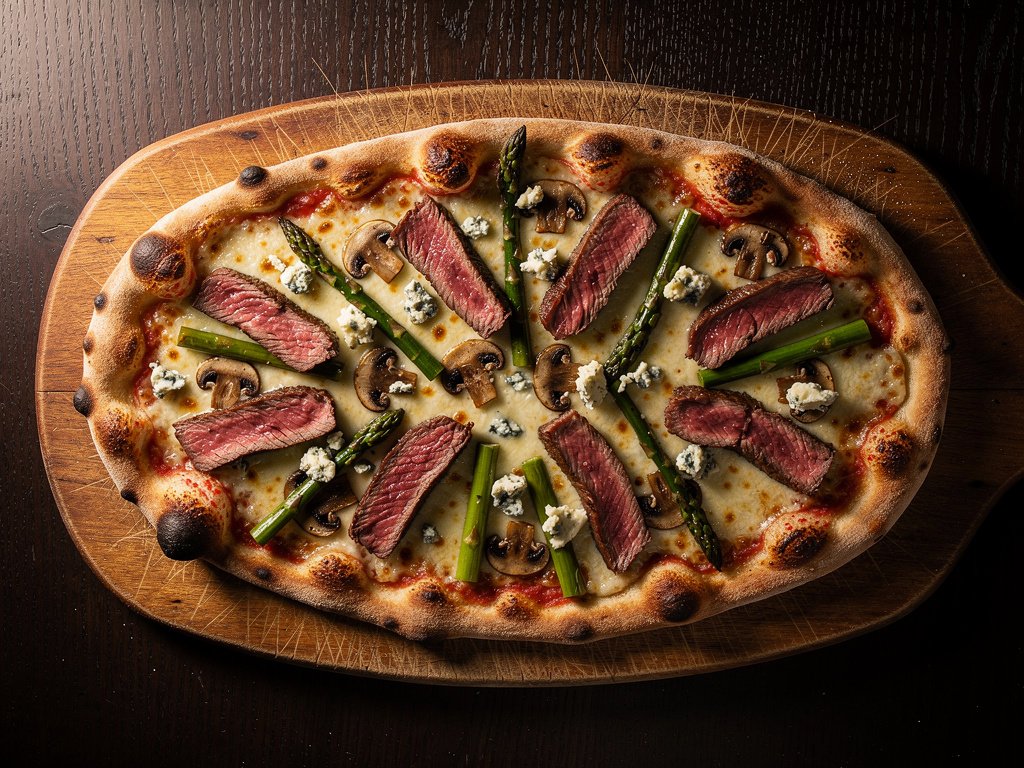 Steak and Blue Cheese Pizza with Asparagus and Mushrooms