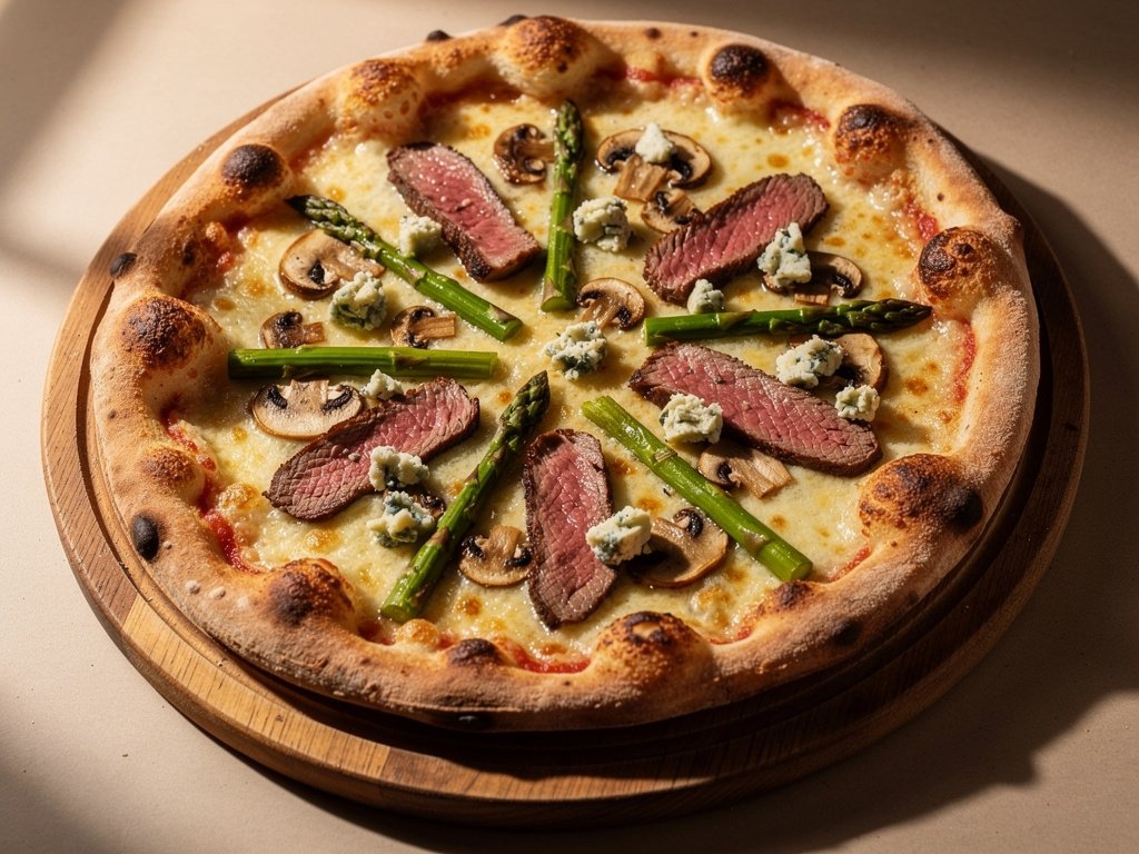 Steak and Blue Cheese Pizza with Mushrooms and Asparagus