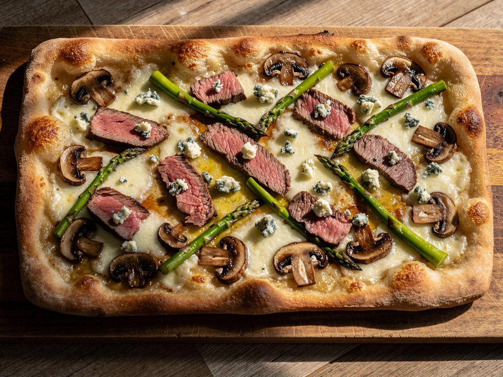 Steak and Blue Cheese Pizza with Mushrooms and Asparagus