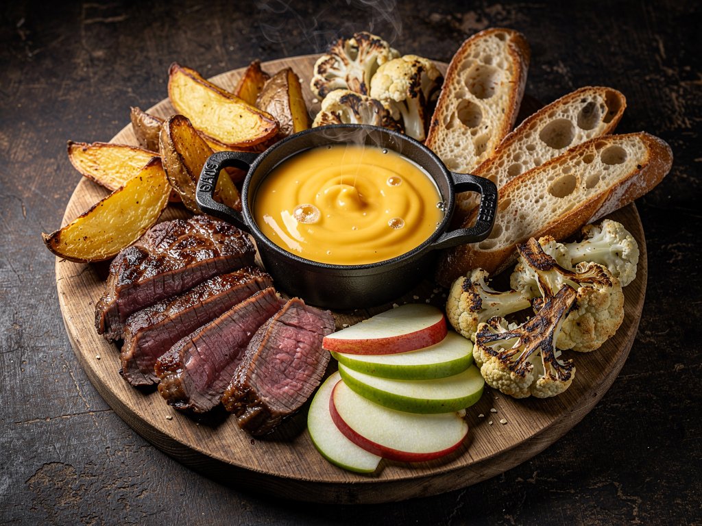 Steak and Cheddar Swiss Fondue Board with Roasted Veggies and Baguette