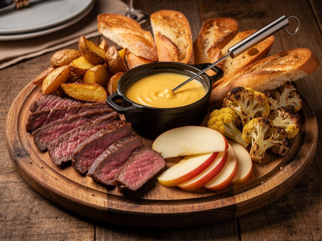 Steak and Cheese Fondue Board with Roasted Vegetables and Baguette