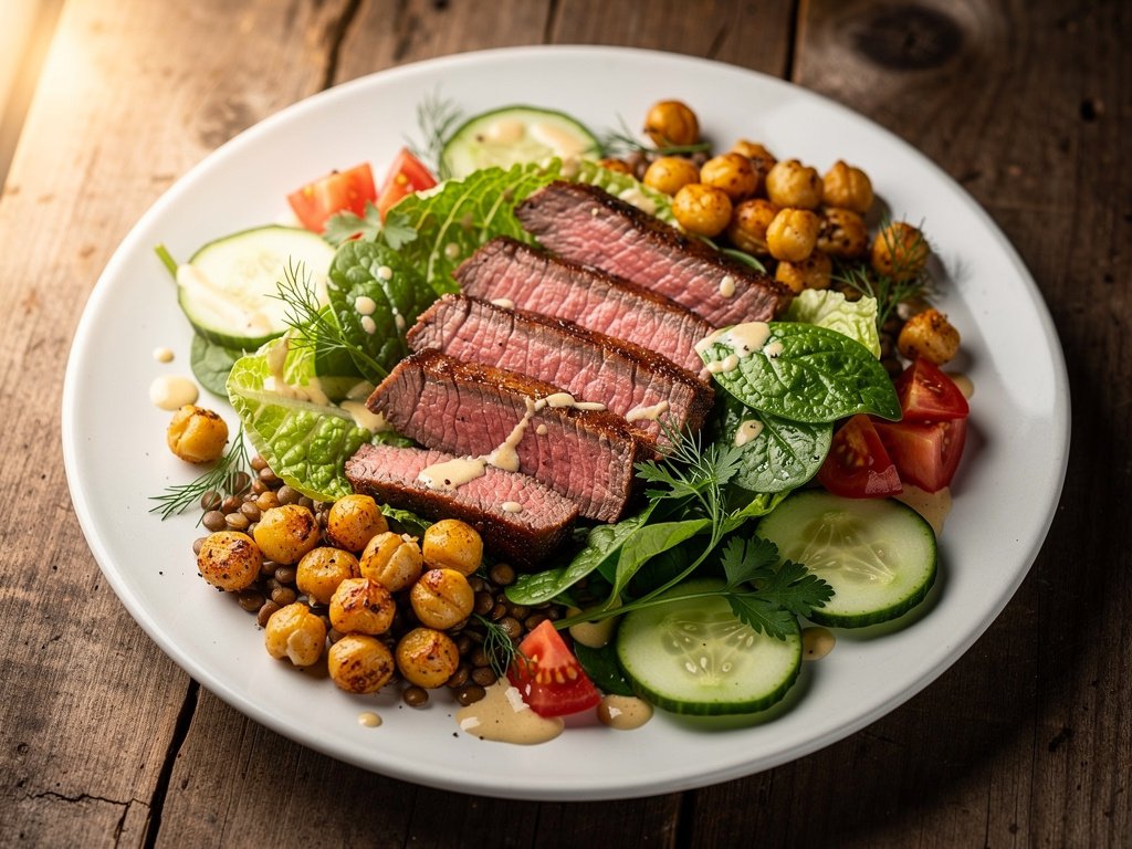 Steak with Crispy Chickpea and Lentil Salad and Roasted Garlic Vinaigrette