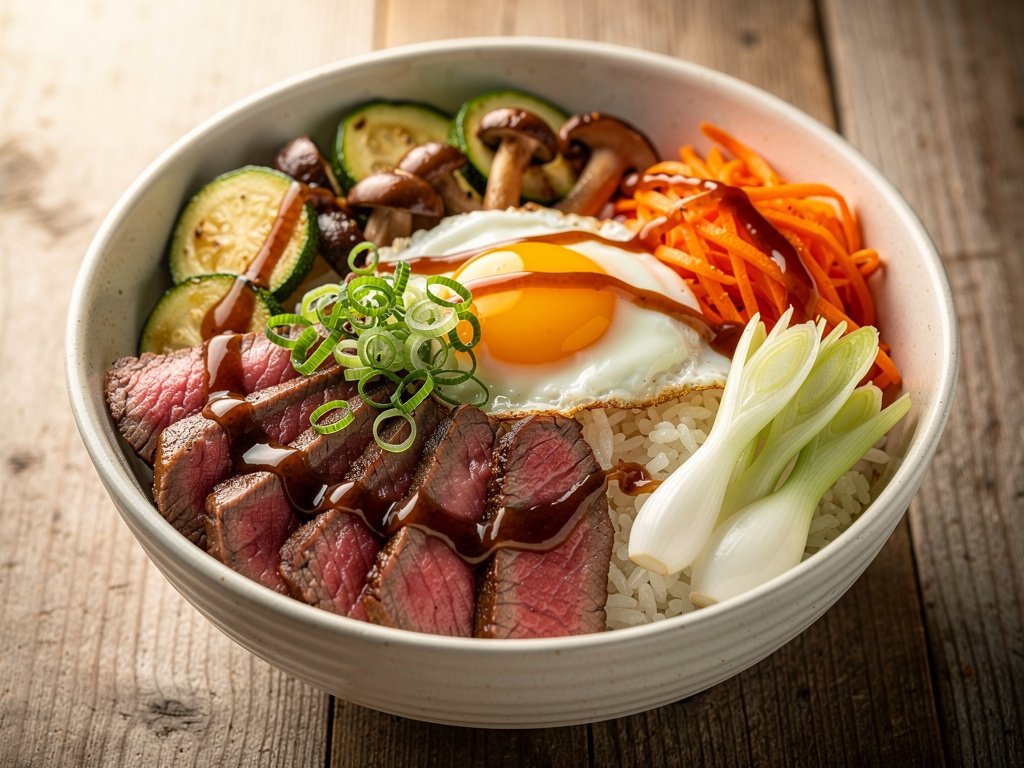 Steak and Mushroom Bibimbap Bowls with Sweet Sesame Sauce