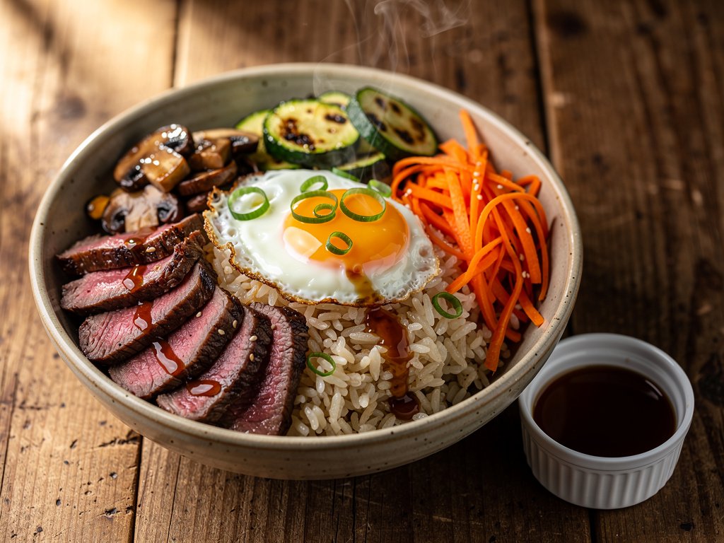 Steak and Mushroom Bibimbap Bowls with Sweet Sesame Sauce