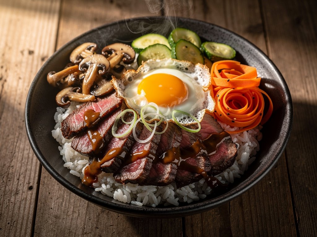 Steak and Mushroom Bibimbap Bowls with Sweet Sesame Sauce