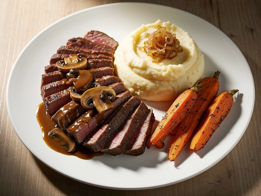 Steak with Mushroom Sauce and Caramelized Onion Mashed Potatoes