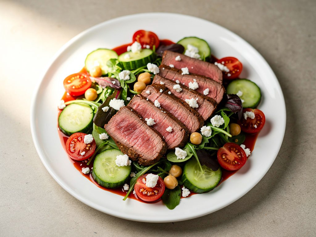 Steak Salad with Tangy Red Pepper Vinaigrette and Chickpeas