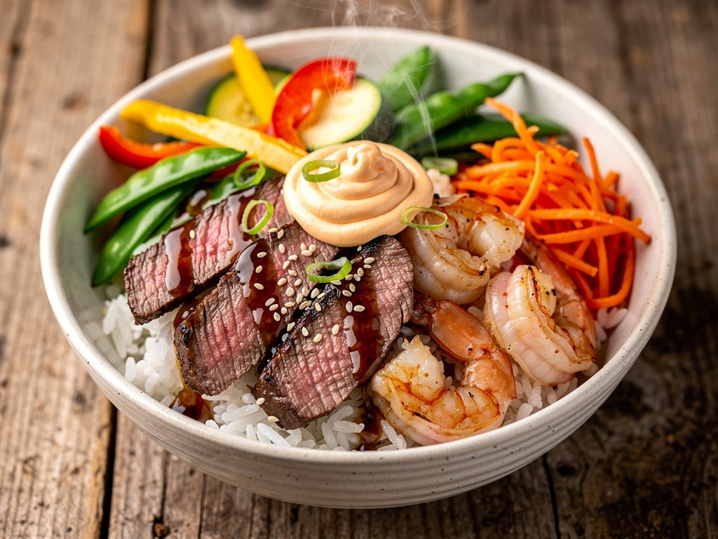 Steak and Shrimp Stir-Fry with Sweet Soy Glaze and Spicy Mayo