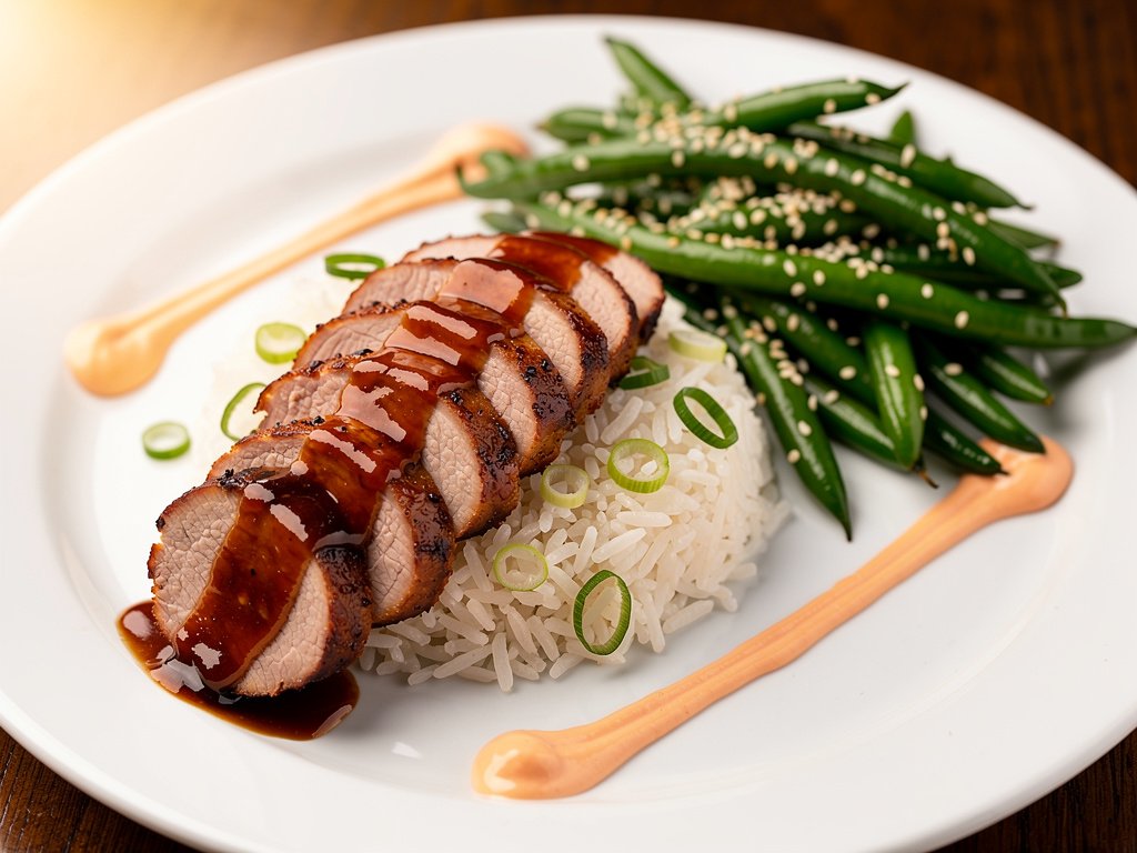 Sticky Hoisin-Glazed Pork Tenderloin with Scallion Rice and Ponzu Green Beans