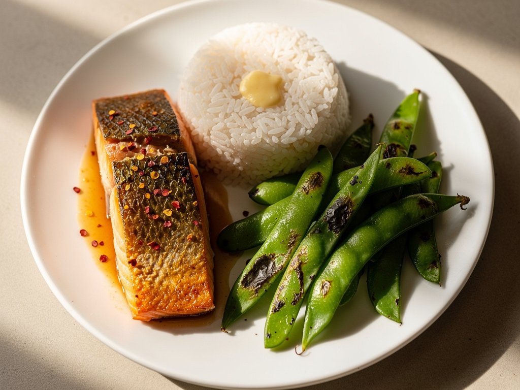 Sticky Miso Ginger Salmon with Garlic Snap Peas and Buttery Rice