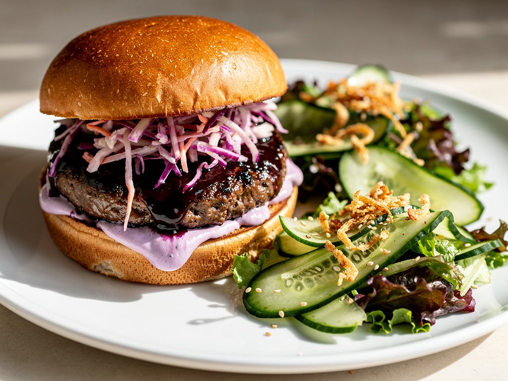 Sticky Plum-Glazed Beef Burgers with Sesame Ginger Cucumber Salad