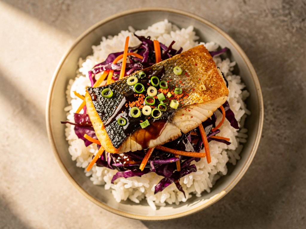 Sticky Ponzu Glazed Black Cod Rice Bowls with Cabbage and Carrots