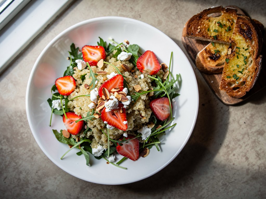 Skillet-Style Strawberry Quinoa Harvest Salad & Garlic Bread with a Fresh Homemade Feel