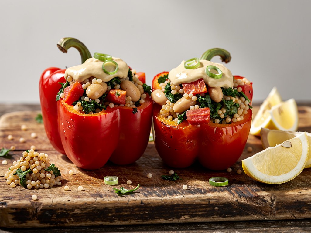 Stuffed Bell Peppers with Chicken, Couscous, and Creamy Hummus