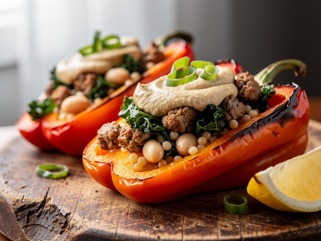 Stuffed Bell Peppers with Turkey, Cannellini Beans, and Kale