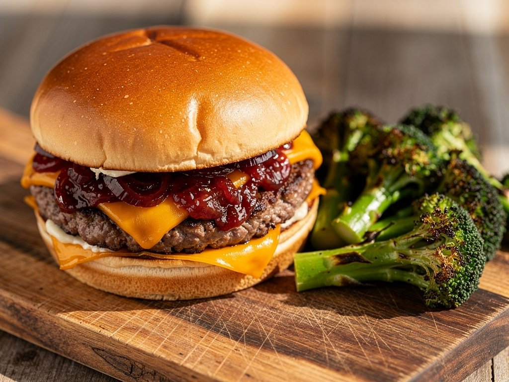 Stuffed Cheddar Burgers with Tomato Onion Jam and Roasted Broccoli