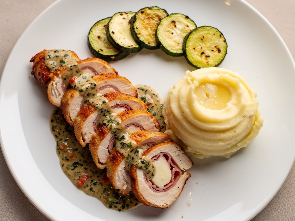 Stuffed Chicken Rollatini with Florentine Sauce, Mashed Potatoes & Roasted Zucchini