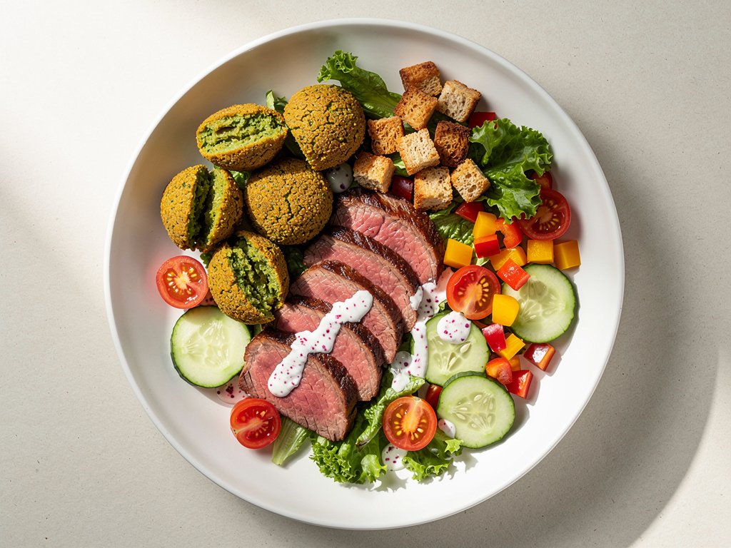 Sumac Falafel Salad with Ranch Steak and Croutons