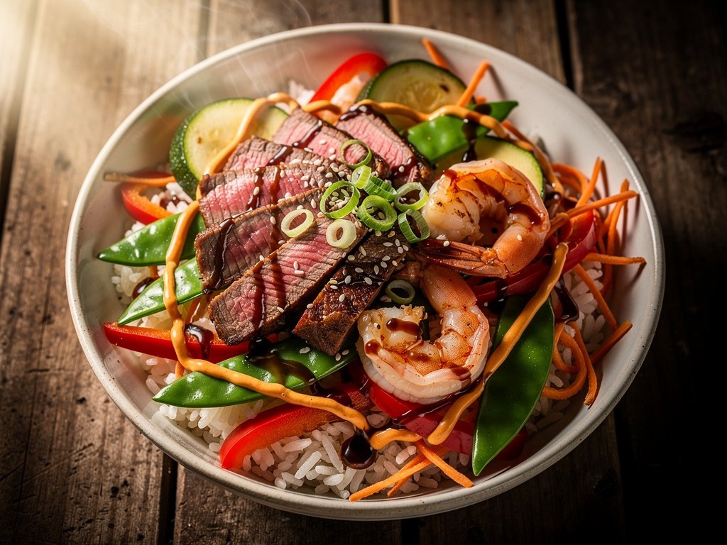 Surf and Turf Stir-Fry Bowls with Sweet Soy Glaze and Spicy Mayo
