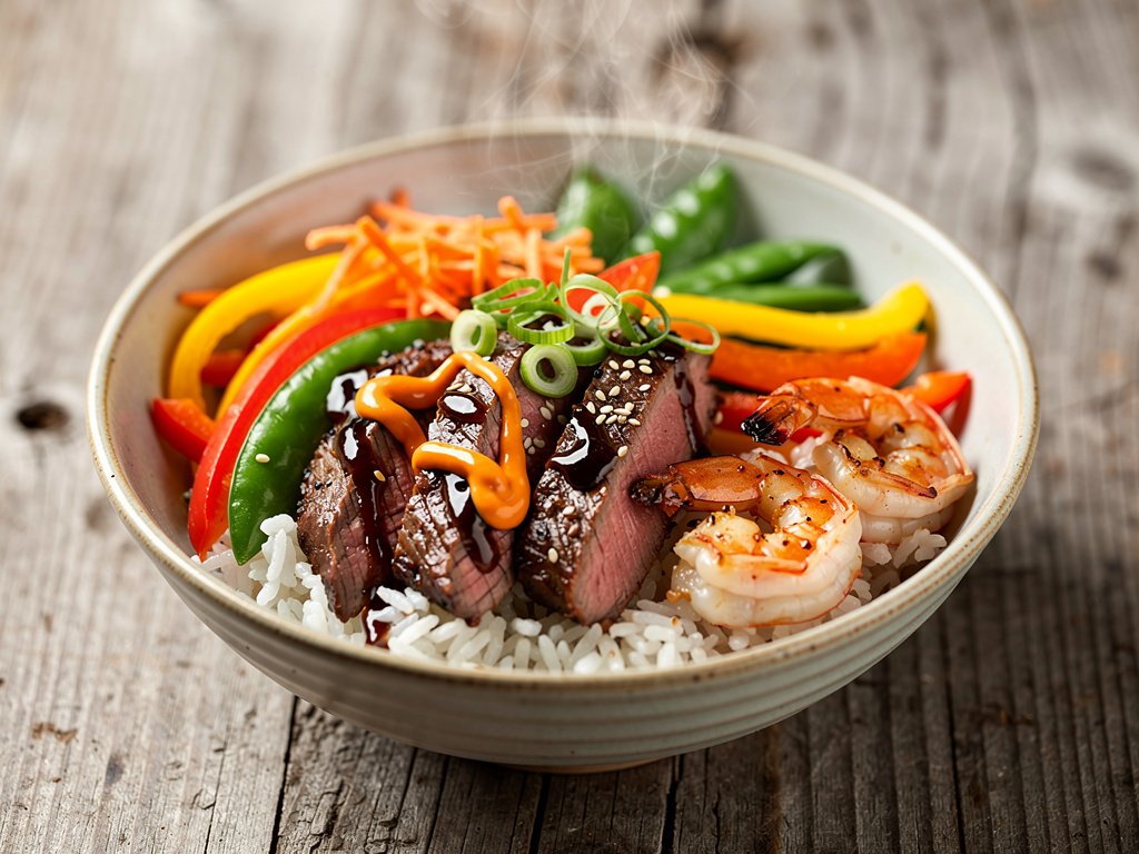 Surf and Turf Stir-Fry Rice Bowls with Sweet Soy Glaze