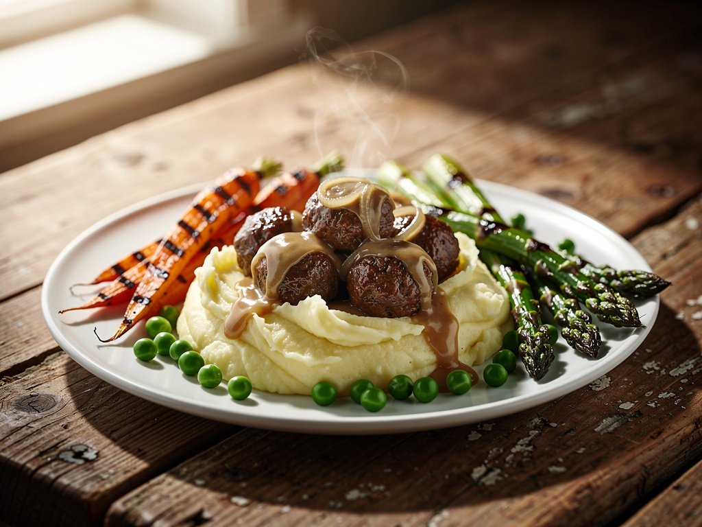 Swedish Meatballs with Creamy Onion Gravy and Mashed Potatoes