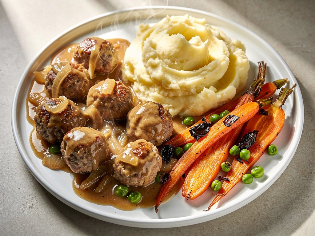 Swedish Meatballs with Creamy Onion Gravy and Mashed Potatoes