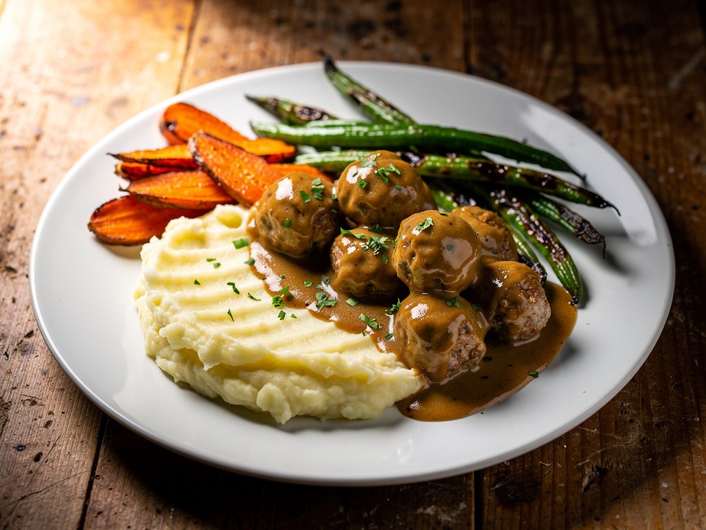 Swedish Meatballs with Creamy Onion Gravy, Mashed Potatoes, and Charred Green Beans