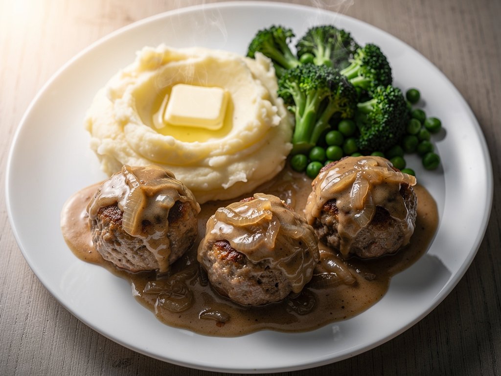 Swedish-Style Meatballs with Creamy Onion Gravy, Mashed Potatoes, and Charred Broccoli