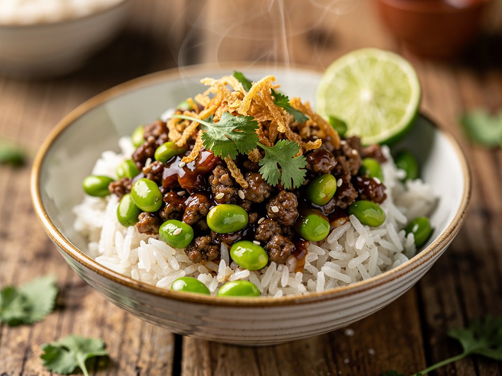 Sweet Chili Beef and Edamame Rice Bowls with Crispy Onions