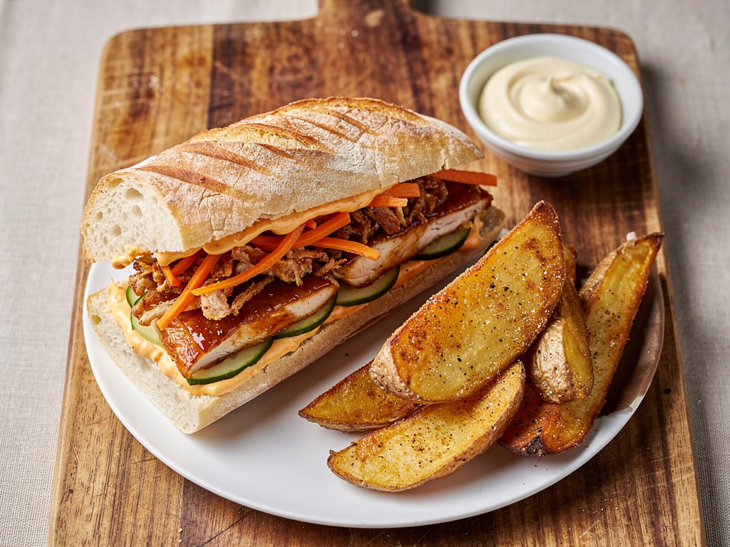Sweet Chili Chicken Banh Mi Sandwiches with Potato Wedges and Garlic Aioli
