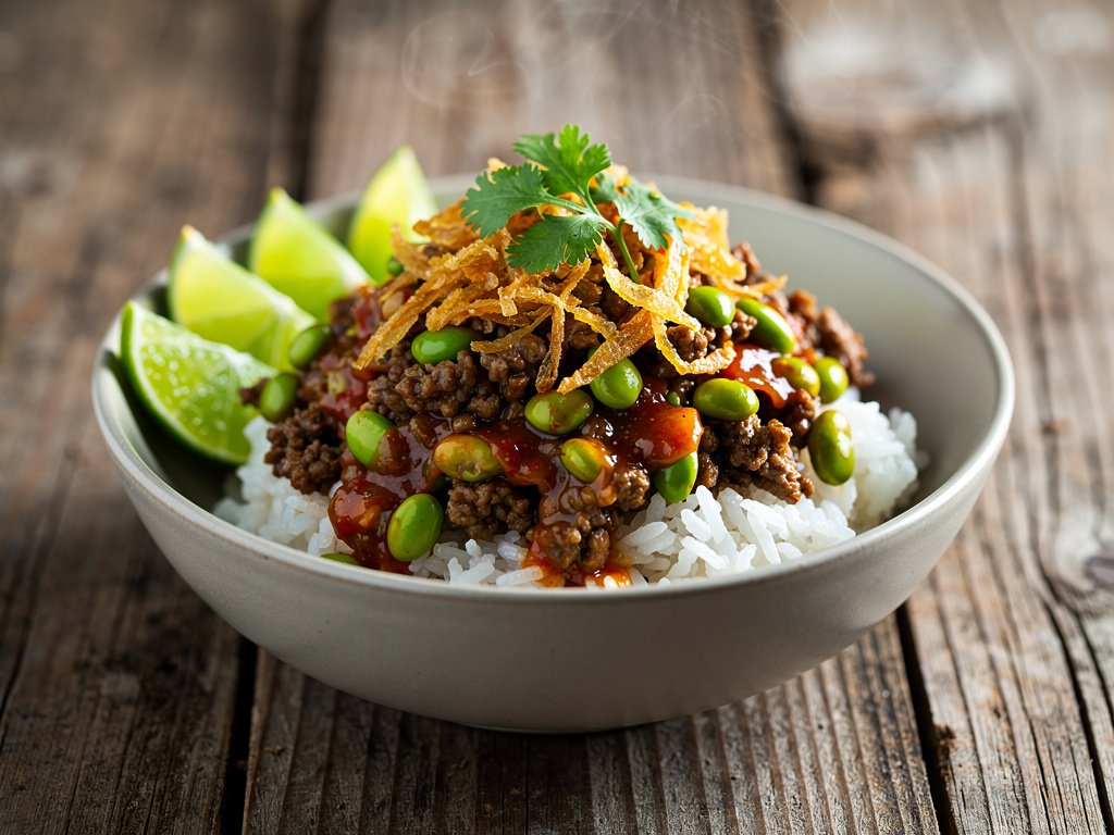 Sweet Chili Ground Beef and Edamame Rice Bowls