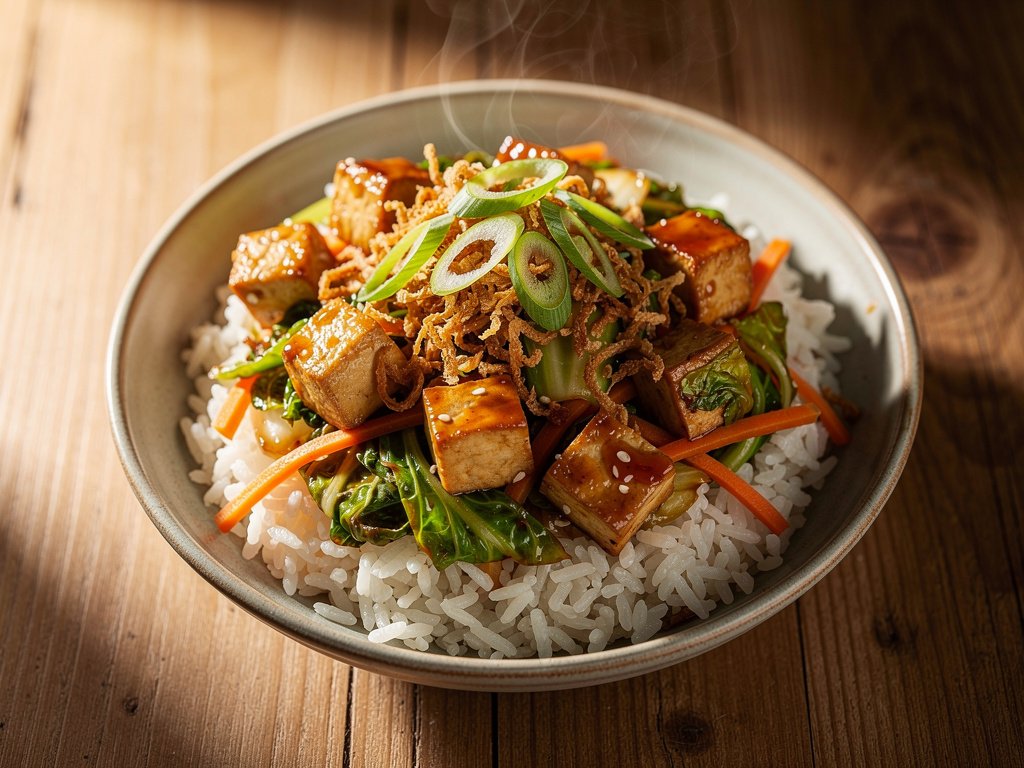 Sweet Chili Tofu and Cabbage Stir-Fry with Crispy Fried Onions