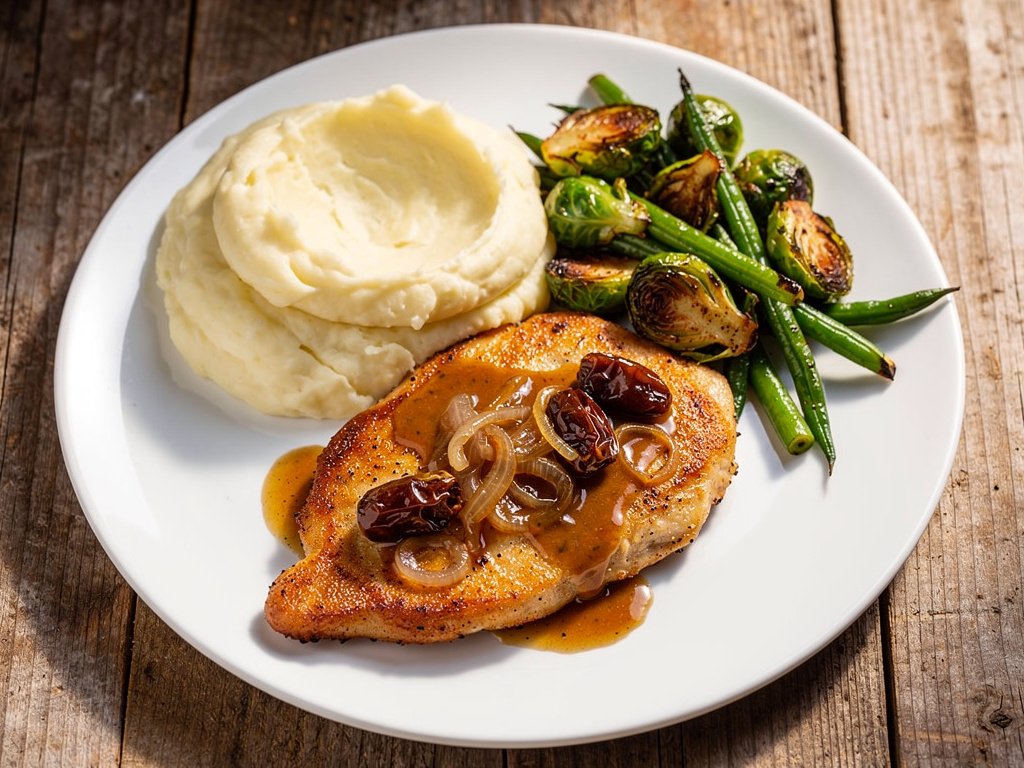 Sweet Date and Caramelized Shallot Chicken with Creamy Mashed Potatoes and Roasted Brussels Sprouts