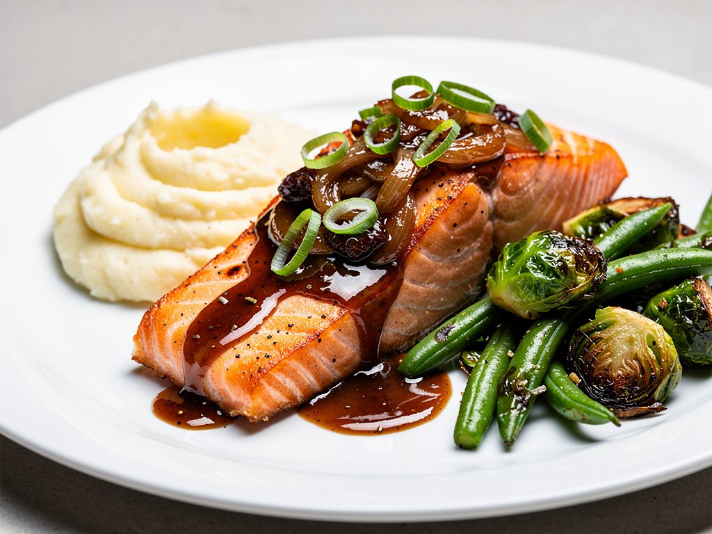 Sweet Date and Caramelized Shallot Salmon with Mashed Potatoes and Roasted Vegetables
