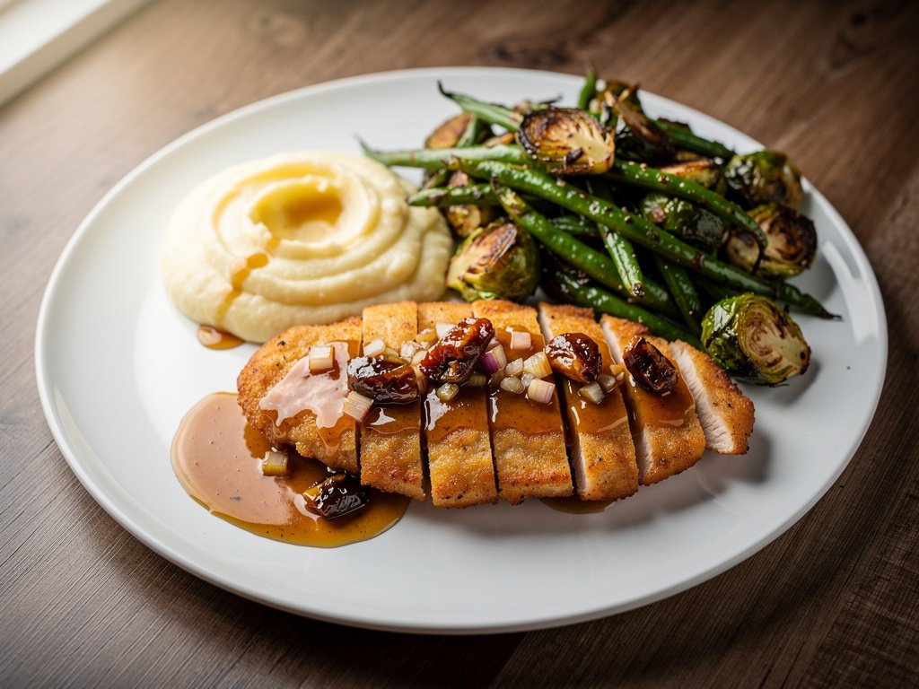 Sweet Date and Shallot Chicken with Mashed Potatoes and Roasted Vegetables