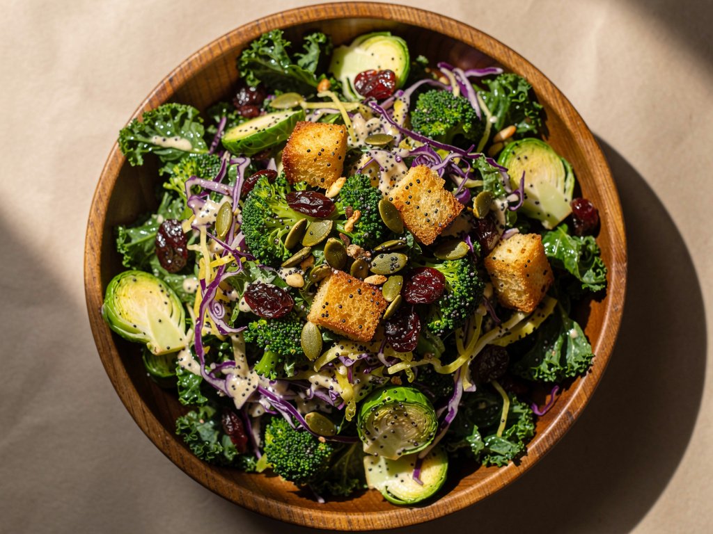 Sweet Kale Salad with Garlic Croutons and Poppyseed Dressing