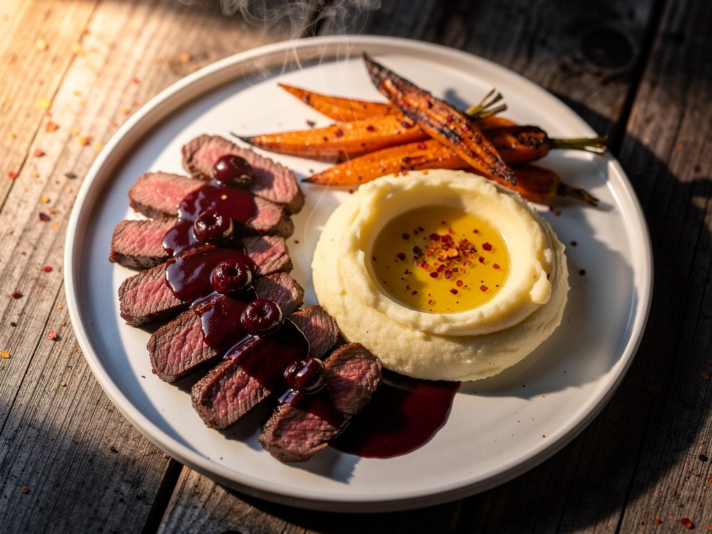 Sweet & Smoky Sirloin Steak with Chili Roasted Carrots and Creamy Mashed Potatoes