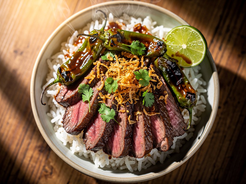 Sweet Soy-Glazed Bavette Steak and Shishito Pepper Rice Bowls